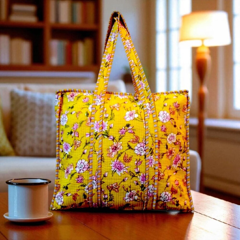 Reusable Quilted Cotton Tote Bag – Hand Screen-Printed Floral Design Yellow
